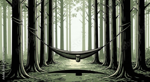 Serene Hammock Slung Between Tall Trees In A Lush Forest