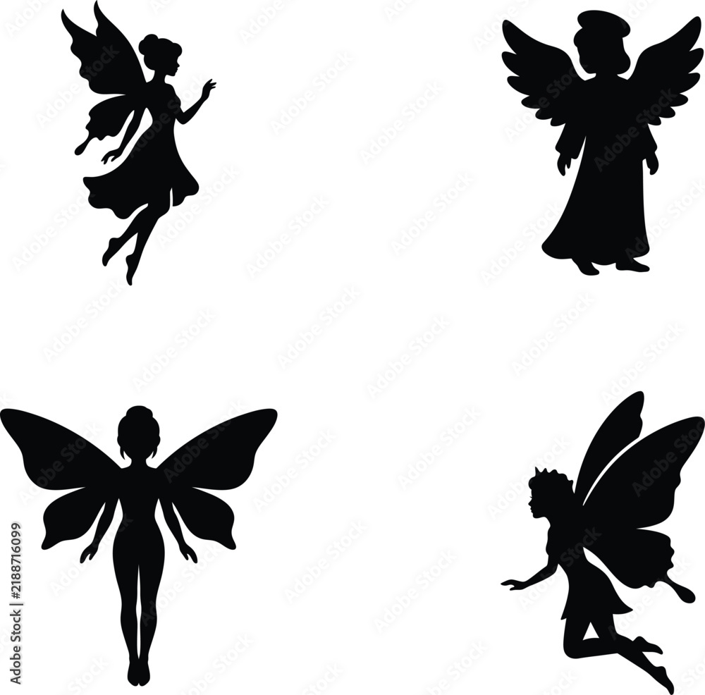 Fototapeta premium Fairy silhouette vector. Angel vector icon set