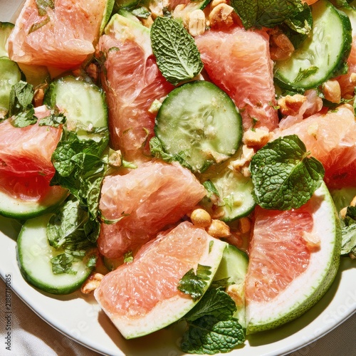 Tapety artystyczne Grapefruit cucumber salad with mint and nuts