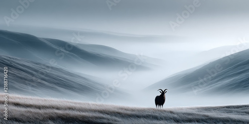 Krampus figure standing silently in a mystical valley, facing rolling mountains shrouded in morning mist, conveying solitude, fantasy, and ancient folklore