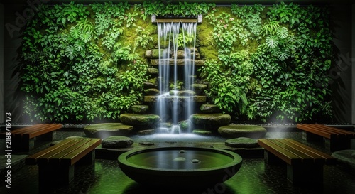 Serene Indoor Waterfall And Lush Vertical Garden Oasis