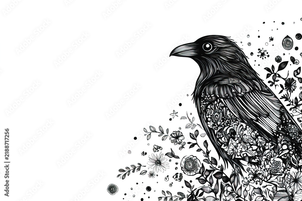 Obraz premium Ornate black raven profile illustration inside an intricate botanical flower frame. Great for organic cosmetic product packaging, luxury tea tin label designs, or gothic wedding invitation templates