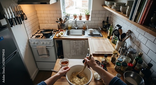 First Person Perspective View of Preparing Food in a Cozy Kitchen.