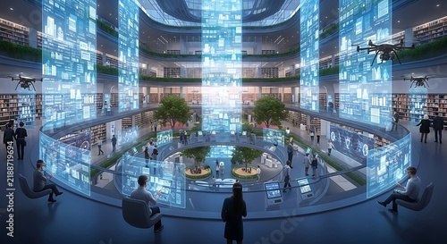 Futuristic digital smart building interior with holographic displays and flying drones.