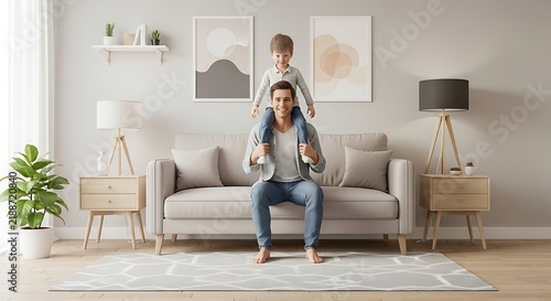 Happy father playing with his young child on shoulders in living room.
