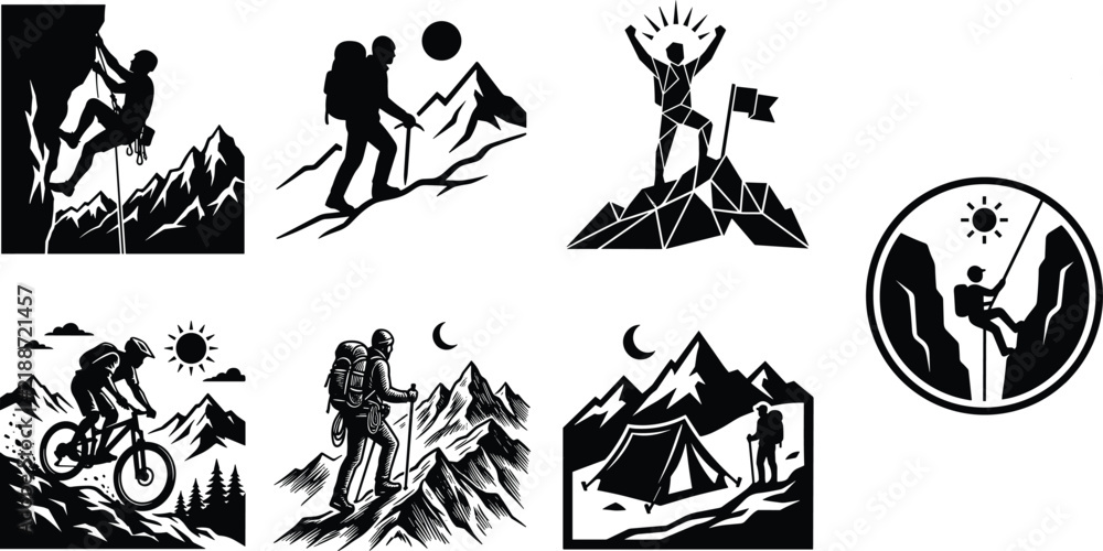 Fototapeta premium Outdoor adventure silhouette set featuring rock climbing hiking mountain biking camping summit success and rappelling vector illustrations