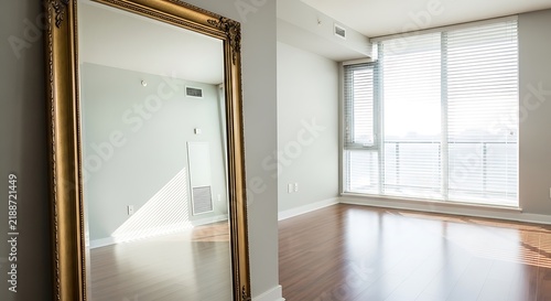 Large ornate gold mirror standing in a modern bright apartment room.