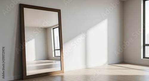 Large Wooden Floor Mirror in Minimalist Bright Empty Room Interior.