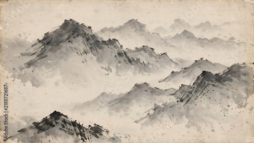 Ink Wash Painting of Misty Mountain Landscape