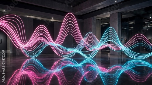 Futuristic neon light installation with pink and blue glowing waves in a modern gallery