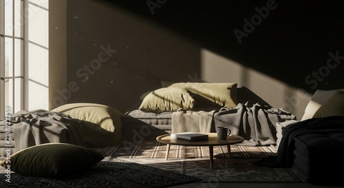 Serene Cozy Living Room With Natural Light And Plush Cushions