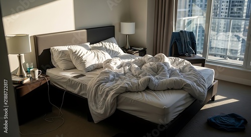Messy Bedroom with Unmade Bed and Morning Sunlight.