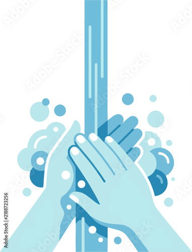 Vector illustration of hands being washed under running water with soap bubbles for hygiene and health care