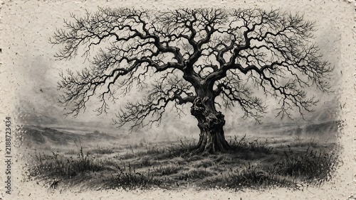 Artistic monochrome drawing of a solitary leafless tree in a misty field on textured paper