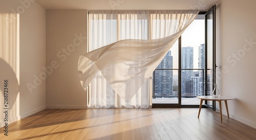 Modern apartment interior with blowing sheer curtains and city view.