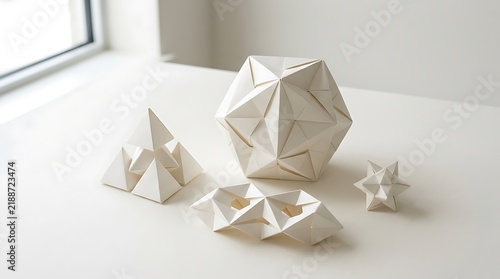 Set of white geometric origami paper sculptures on white surface with paper art