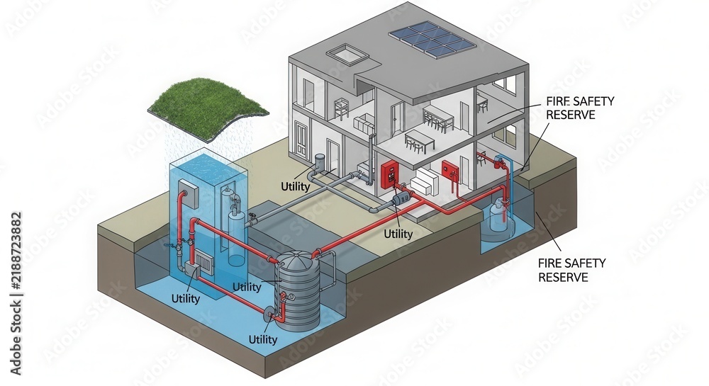 Obraz premium Residential Utility System With Fire Safety Reserves And Rainwater Collection