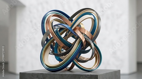 Abstract metallic sculpture on a pedestal in a minimalist art gallery