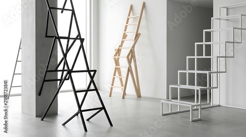Collection of minimalist ladders and stairs in a bright modern studio