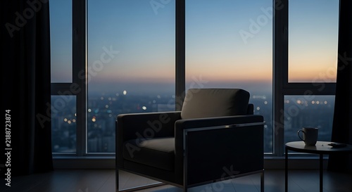 Modern armchair in luxury high rise apartment overlooking city skyline at dusk.