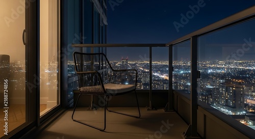 Modern high rise balcony overlooking a sparkling city skyline at night.