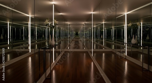Modern Interior Hallway with Infinite Mirror Reflections and Vertical LED Lighting.