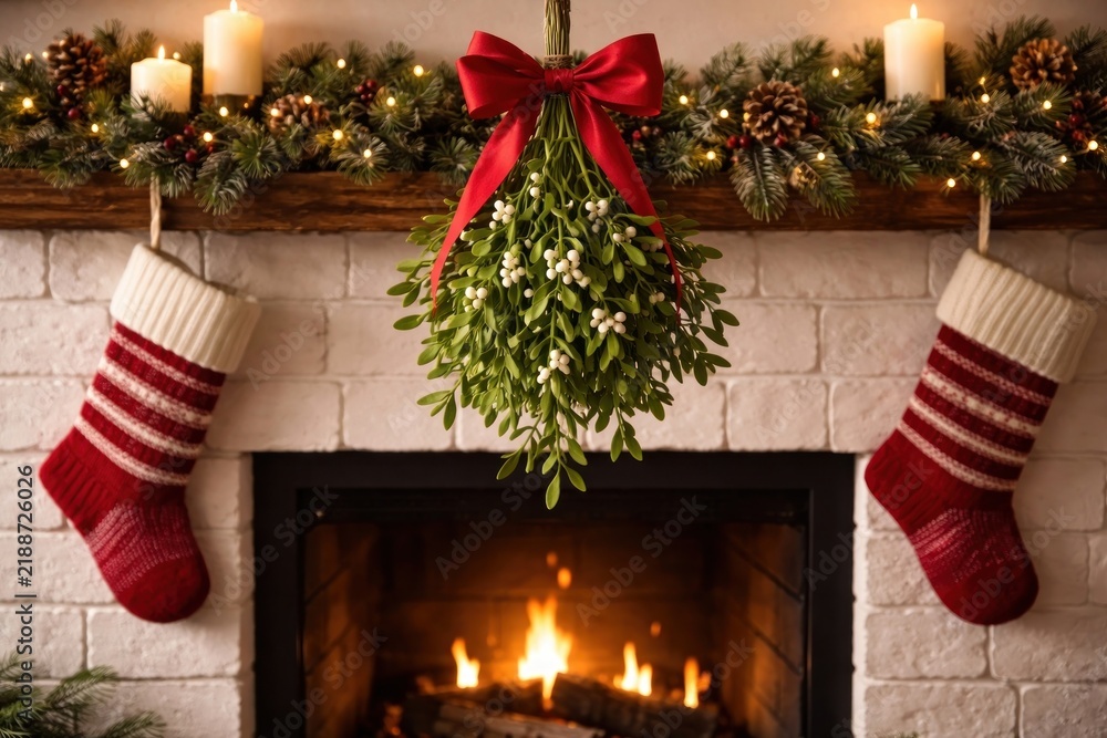 Obraz premium Cozy festive fireplace decoration scene.