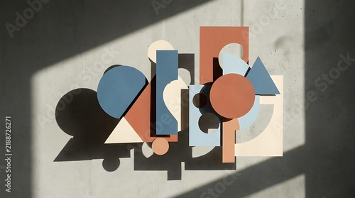 Abstract geometric shapes with hard shadows on a concrete texture background