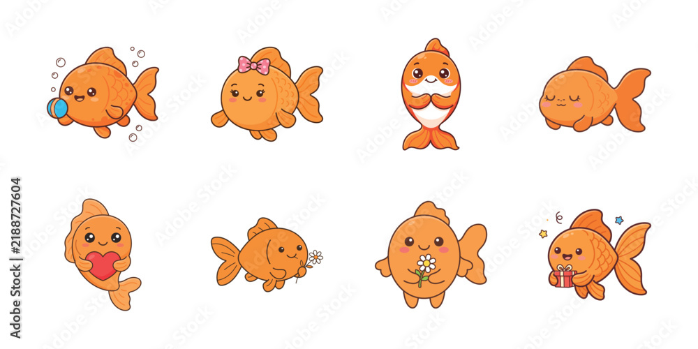 Obraz premium Set of cute cartoon goldfish characters in various poses and expressions for kids design