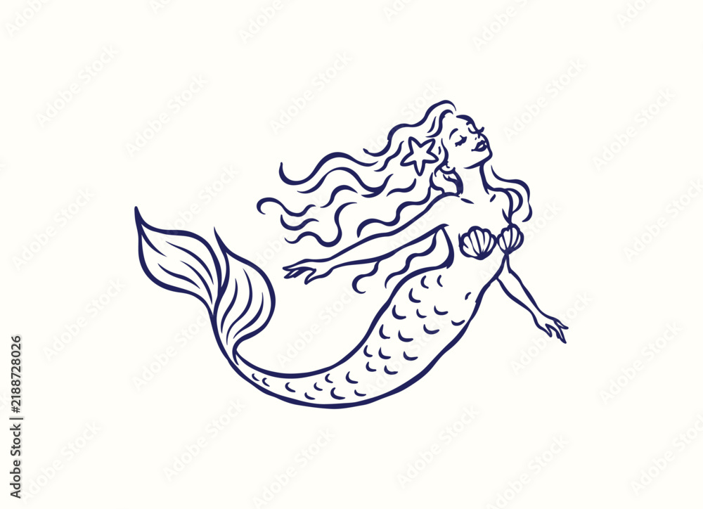 Fototapeta premium Hand Drawn Mermaid Illustration with Flowing Hair