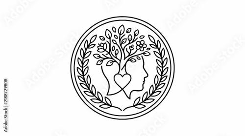 A circular emblem featuring a silhouette of human heads with a tree with profiles merging stylized inside laurel wreath