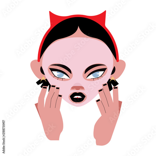Young woman applying a moisturizing face mask for skincare. Vector illustration