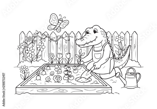 Cute crocodile gardener coloring page with vegetable bed vector line art