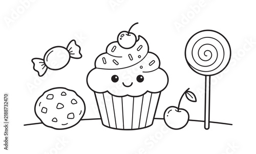 Cute cupcake coloring page with candy and lollipop vector line art