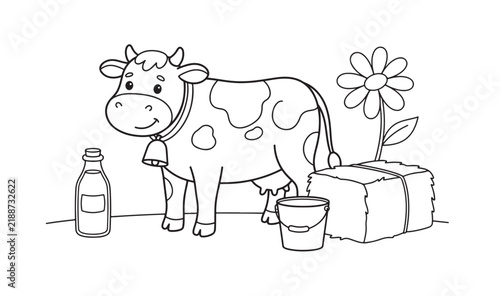 Cute farm cow coloring page with milk bottle vector line art
