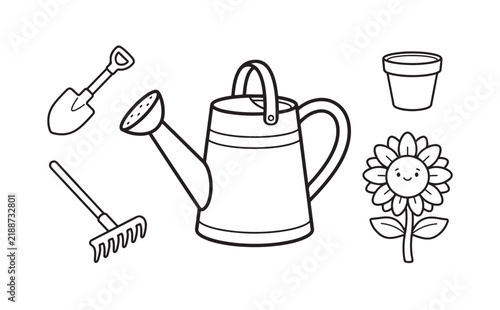 Cute gardening tools coloring page with sunflower vector line art