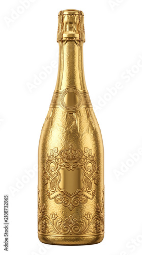 Luxury gold champagne bottle with metallic foil wrapping isolated on transparent background 