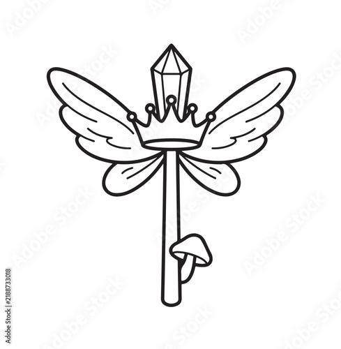 Cute magic fairy key coloring page with crown vector line art