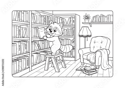 Cute raccoon in library coloring page vector line art