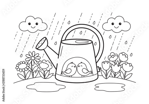 Cute watering can coloring page with birds vector line art