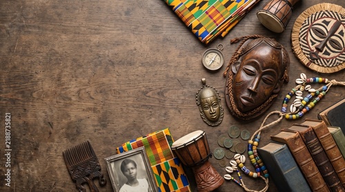 African Heritage Display: A richly arranged collection of artifacts showcasing African heritage, including traditional masks, textiles, musical instruments, and historical books.
