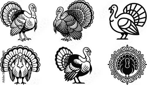 A collection of vintage turkey illustrations celebrating the spirit of thanksgiving and autumnal gratitude with classic designs
