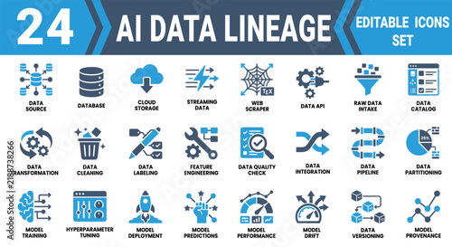Принти на полотні Set of 24 editable ai data lineage and machine learning icons featuring data flo