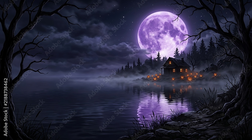 Obraz premium Spooky halloween cabin nestled by a tranquil lake under a massive glowing purple full moon with misty forest surroundings in this dark mysterious night scene