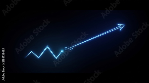 Glowing blue financial arrow showing upward growth. Neon digital stock market chart on black background. Rising business profit graph.