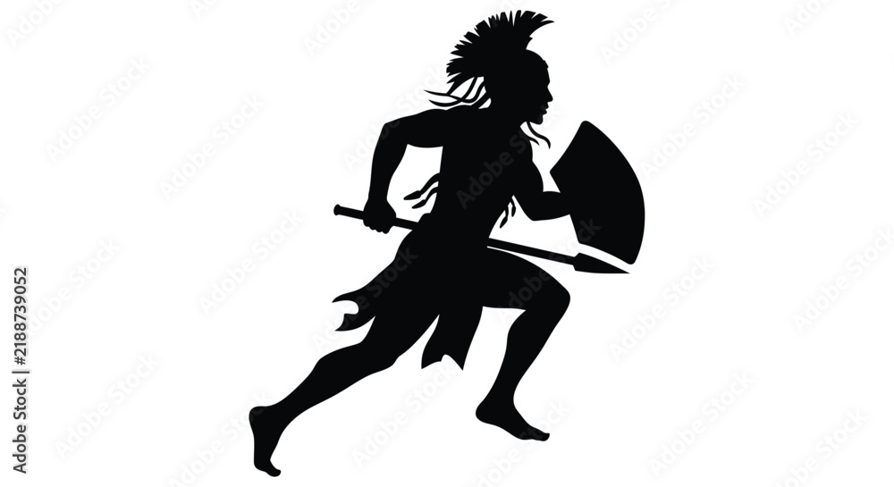 Obraz premium Silhouette of a running warrior with shield and spear black on white background