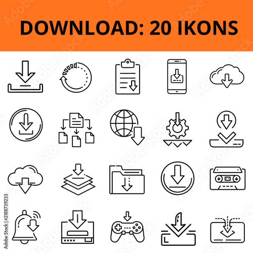 Download icons for digital content in simple line style  