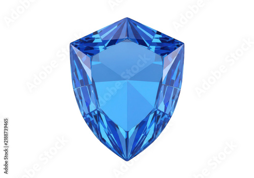 A faceted blue gemstone with a shield shape is displayed on transparent background