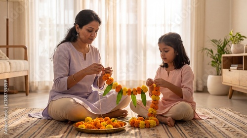 Indian Mother and Daughter Making Marigold Toran for Festive Home Decoration