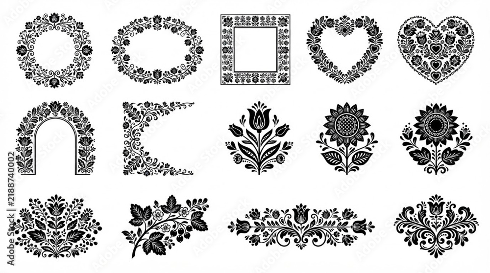 Fototapeta premium Folk Art Floral Frames and Botanical Decorative Elements Vector Collection